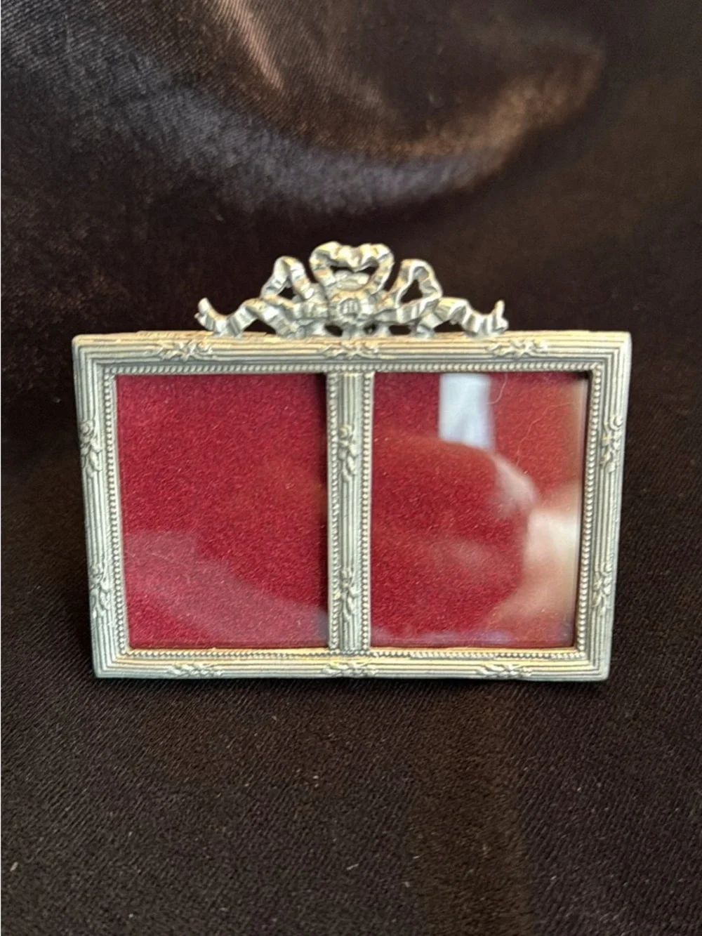 Tiny Vintage Double Picture Frame in Pewter with Red Velvet Insert